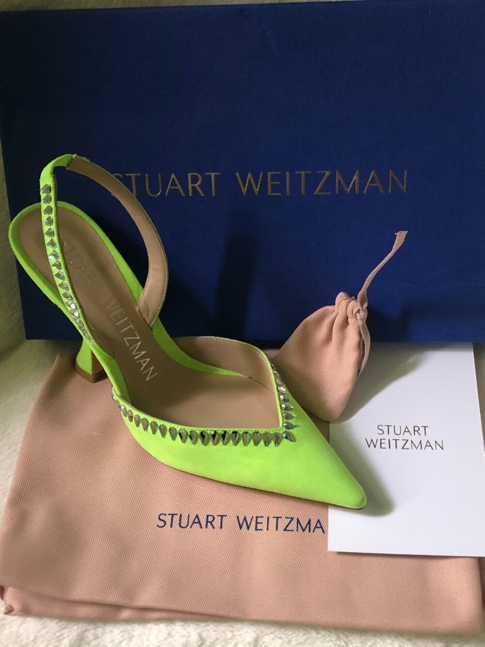 Stuart Weitzman XCurve Crystal 100 Slingback Heels in Chartreuse US 6
